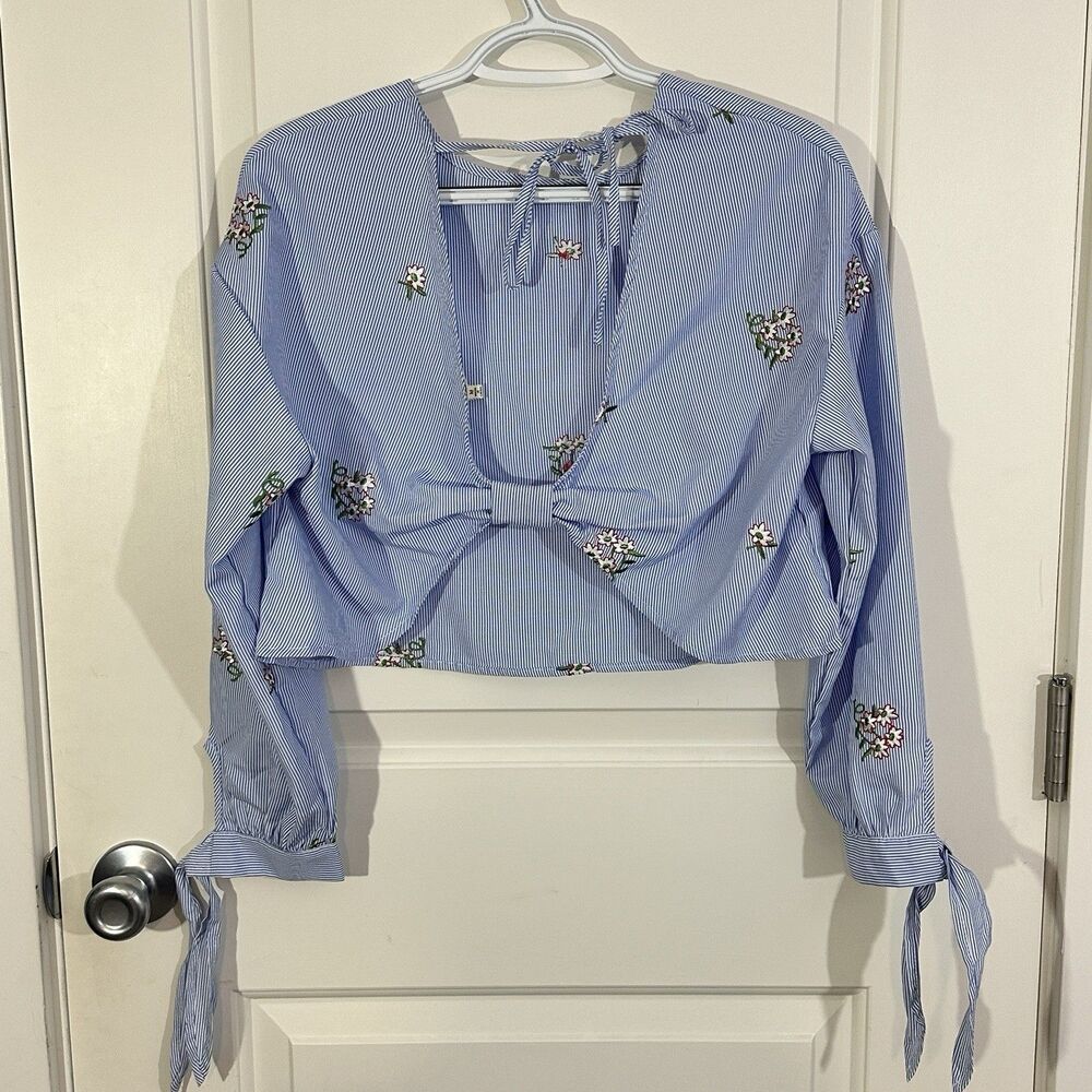 Bleuh Ciel Womens Blouse Medium Blue Striped Backless Big Bow Tie Embroidered - Picture 2 of 8